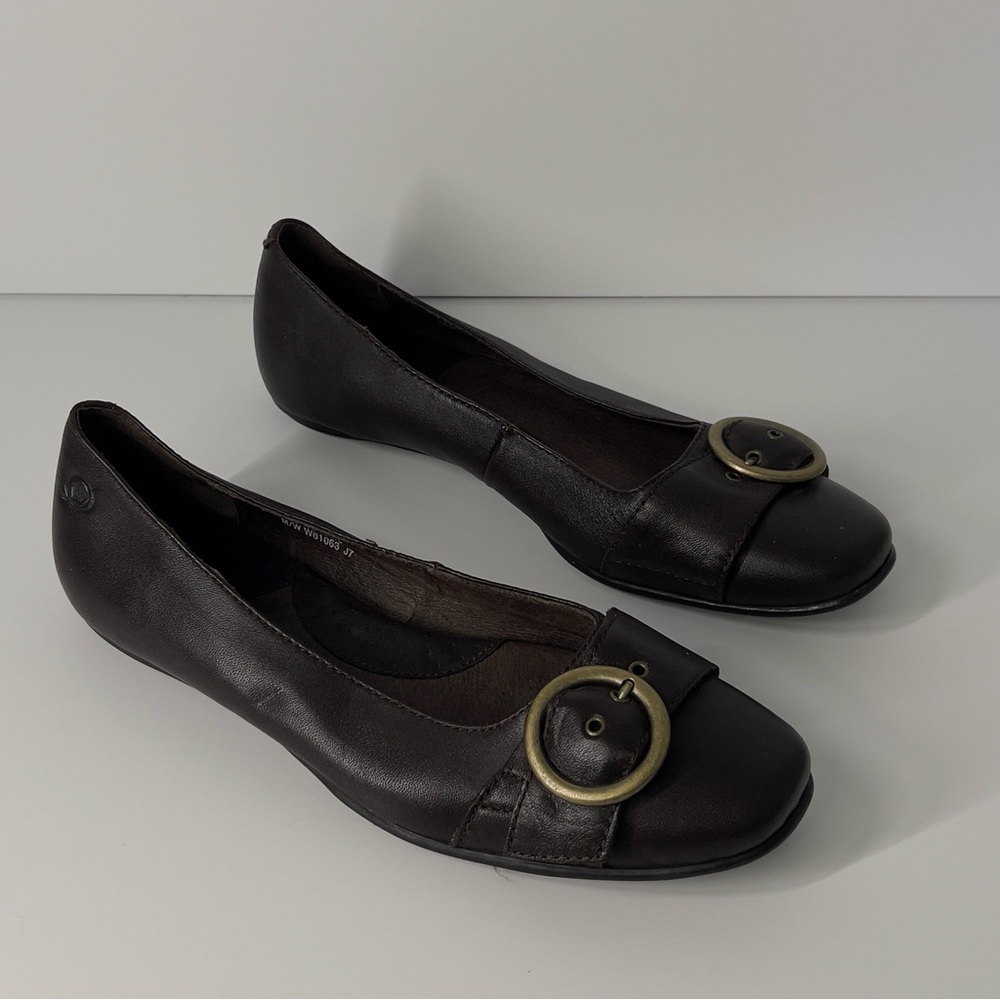 BORN Women’s Size 7.5 Brown Slip On Ballerina Flat Gold Buckle Detail